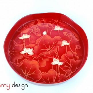 Red round lacquer tray hand-painted with lotus pond 30 cm